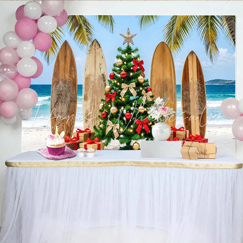 Lofaris Tropical Christmas Beach Backdrop with Palm Trees and Surfboards Festive Holiday Party Decor for Photoshoot