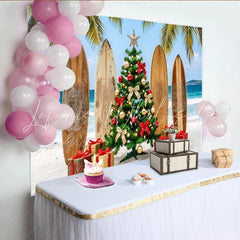 Lofaris Tropical Christmas Beach Backdrop with Palm Trees and Surfboards Festive Holiday Party Decor for Photoshoot