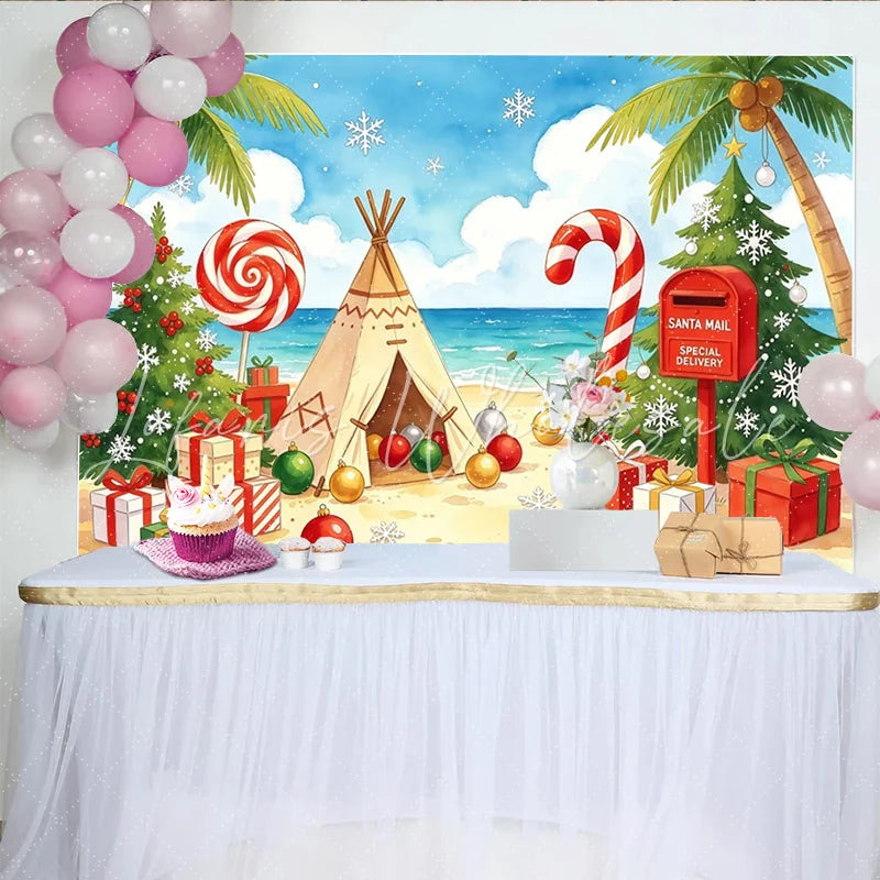 Lofaris Tropical Christmas Beach Backdrop with Palm Trees Santa Mail and Candy Canes Festive Holiday Background for Party Decor