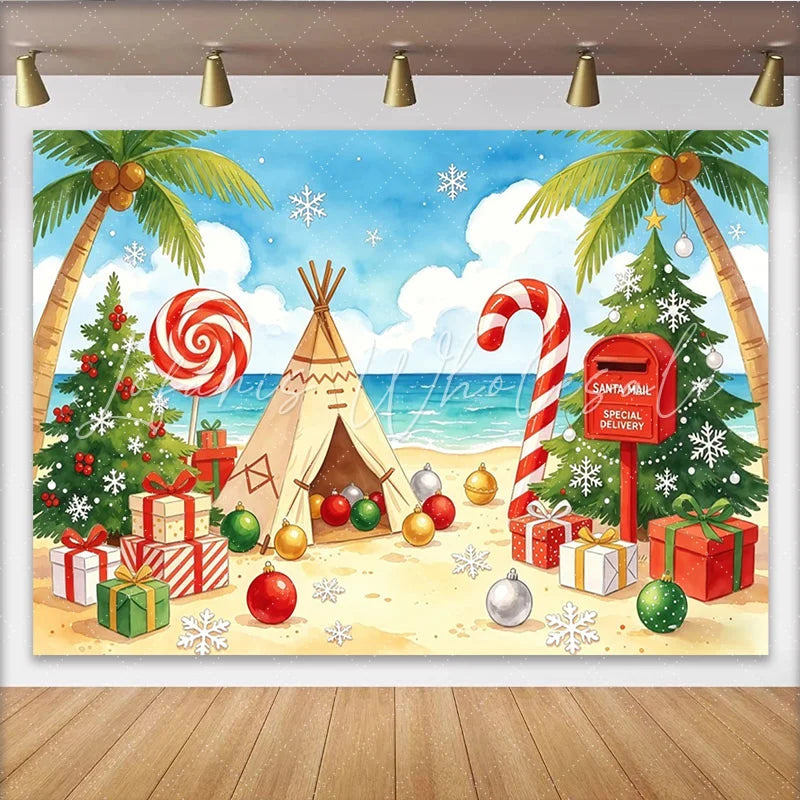 Lofaris Tropical Christmas Beach Backdrop with Palm Trees Santa Mail and Candy Canes Festive Holiday Background for Party Decor