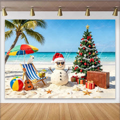 Lofaris Tropical Christmas Beach Backdrop with Sand Snowman and Palm Tree Festive Holiday Background for Summer Party Decor