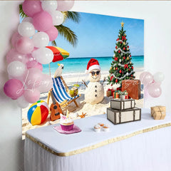 Lofaris Tropical Christmas Beach Backdrop with Sand Snowman and Palm Tree Festive Holiday Background for Summer Party Decor