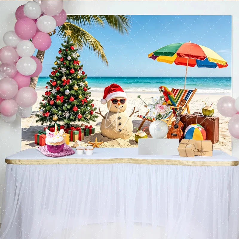 Lofaris Tropical Christmas Beach Backdrop with Sand Snowman and Palm Tree Holiday Photography Background for Festive Party Decor