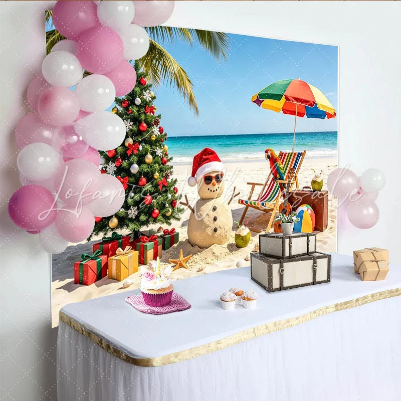 Lofaris Tropical Christmas Beach Backdrop with Sand Snowman and Palm Tree Holiday Photography Background for Festive Party Decor