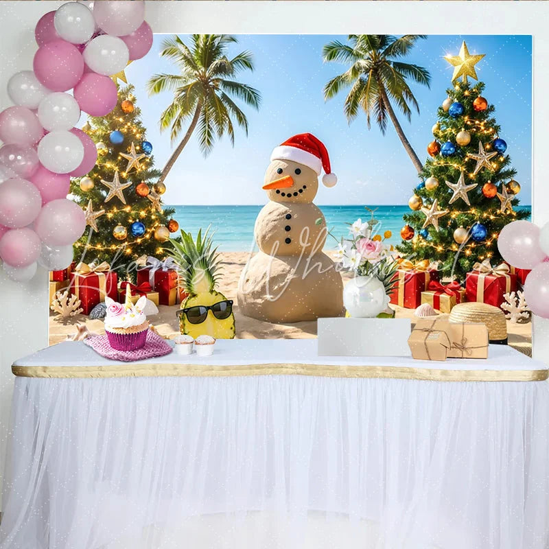 Lofaris Tropical Christmas Beach Backdrop with Sand Snowman and Palm Trees Festive Holiday Background for Summer Party Decor