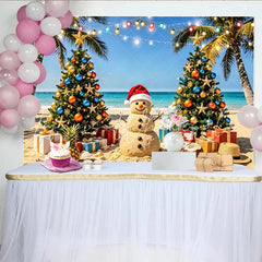 Lofaris Tropical Christmas Beach Backdrop with Sand Snowman and Palm Trees Festive Photo Background for Holiday Party Decoration