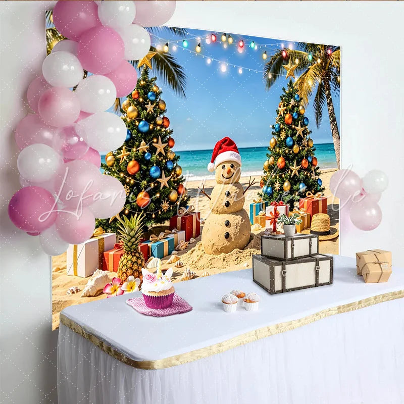 Lofaris Tropical Christmas Beach Backdrop with Sand Snowman and Palm Trees Festive Photo Background for Holiday Party Decoration