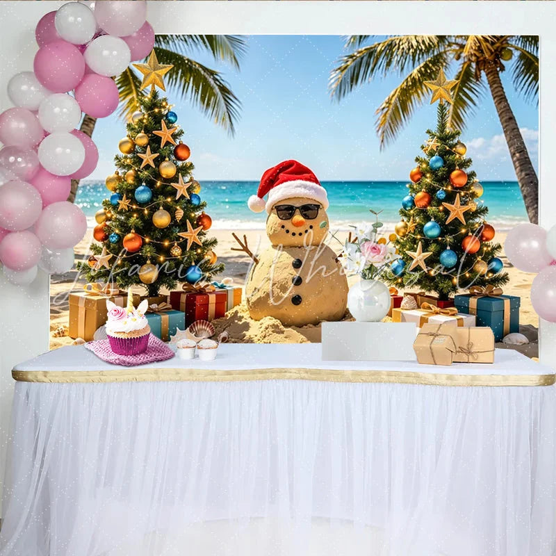 Lofaris Tropical Christmas Beach Backdrop with Sand Snowman Decorated Trees and Gifts Holiday Photo Background for Party Decor