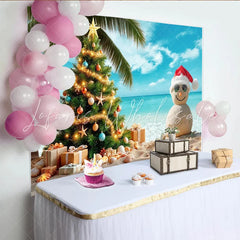 Lofaris Tropical Christmas Beach Backdrop with Sandman Palm Tree and Gifts Holiday Party Background for Festive Photoshoot