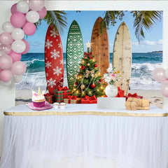 Lofaris Tropical Christmas Beach Backdrop with Surfboards and Presents Festive Holiday Background for Party Decor and Photoshoot