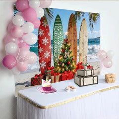 Lofaris Tropical Christmas Beach Backdrop with Surfboards and Presents Festive Holiday Background for Party Decor and Photoshoot
