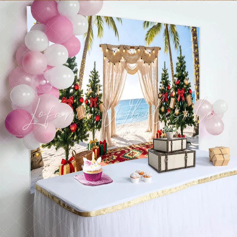 Lofaris Tropical Christmas Photography Backdrop Beach Holiday Decor Featuring Palm Trees Ocean View and Festive Background for Photos
