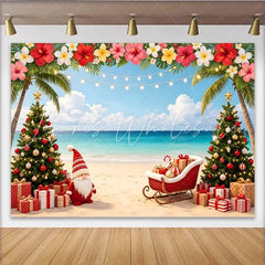 Lofaris Tropical Christmas Photography Backdrop with Beach and Palm Trees Vibrant Holiday Background for Festive Beach Party Decor
