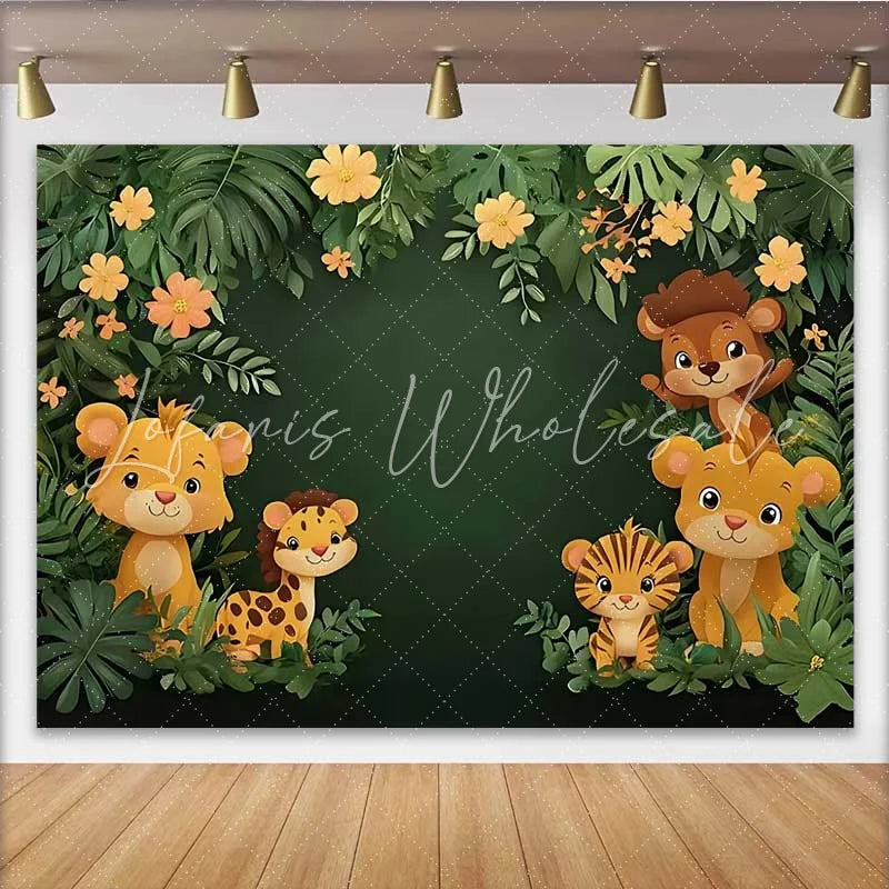 Lofaris Tropical Jungle Baby Animals Backdrop Cute Safari Cub and Foliage Banner for Baby Shower