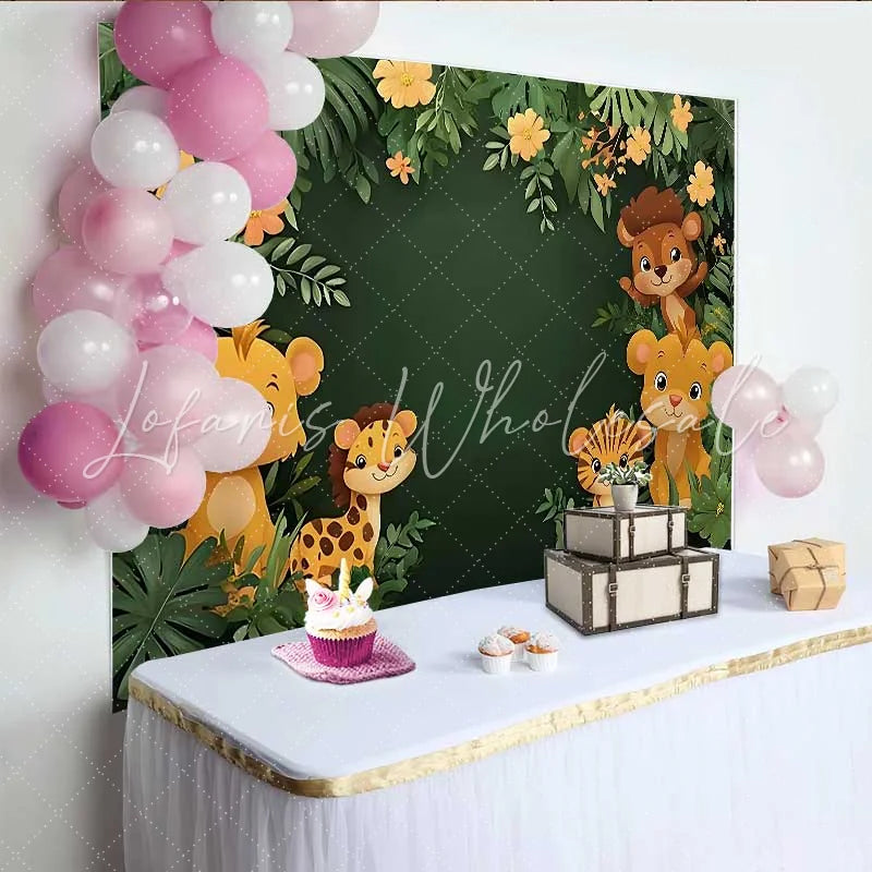 Lofaris Tropical Jungle Baby Animals Backdrop Cute Safari Cub and Foliage Banner for Baby Shower