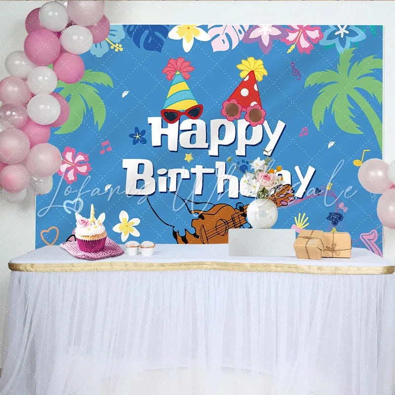 Lofaris Tropical Music Birthday Backdrop with Palm Trees and Party Hats Blue Hawaiian Theme Background for Celebration