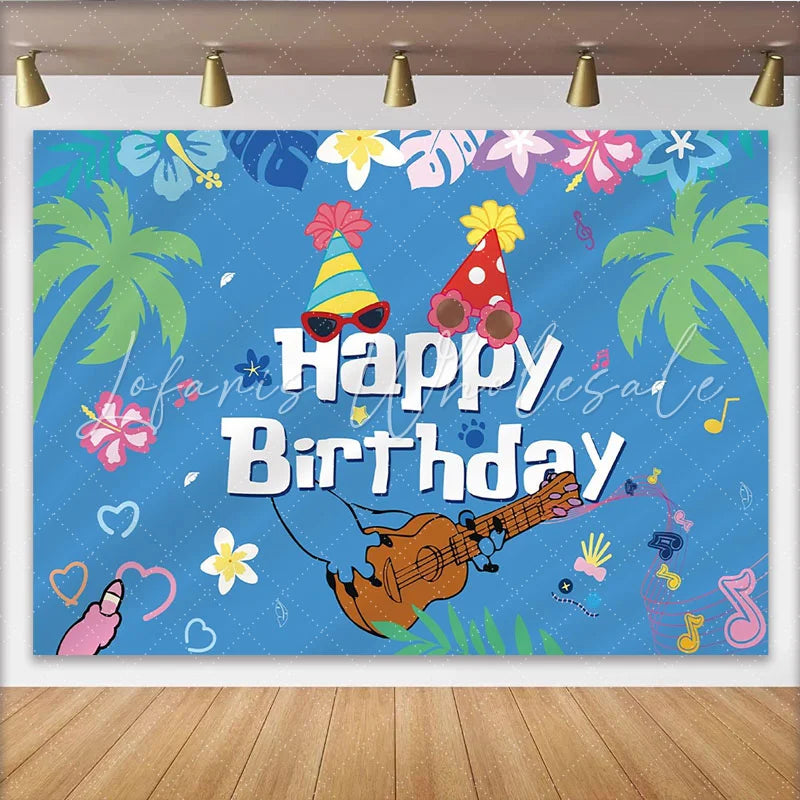 Lofaris Tropical Music Birthday Backdrop with Palm Trees and Party Hats Blue Hawaiian Theme Background for Celebration
