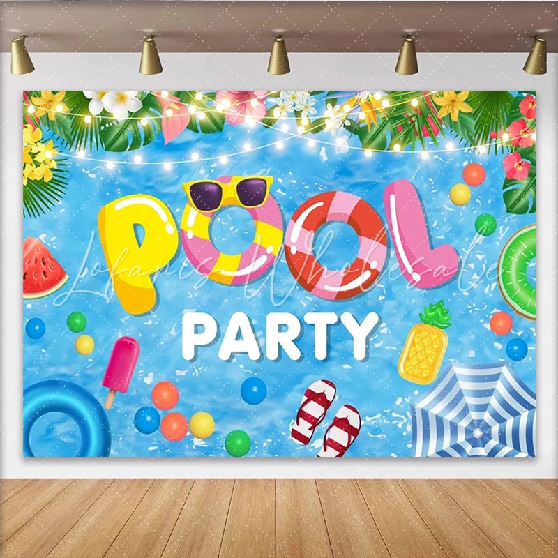 Lofaris Tropical Pool Party Backdrop with Summer Floats and String Lights Fun Photography Background for Kids and Adults