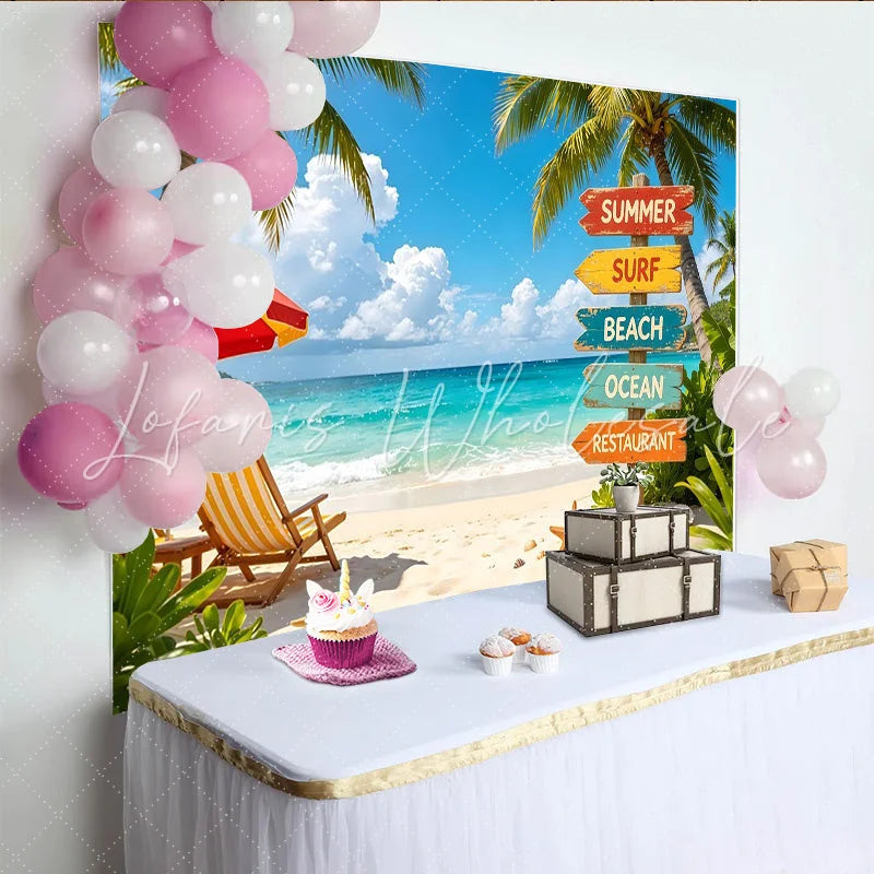 Lofaris Tropical Summer Beach Photography Backdrop with Palm Trees and Ocean Vibrant Vacation Party Background for Photoshoot