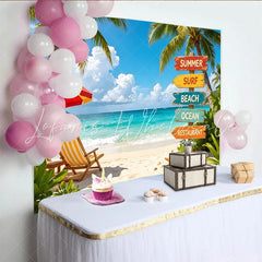 Lofaris Tropical Summer Beach Photography Backdrop with Palm Trees and Ocean Vibrant Vacation Party Background for Photoshoot