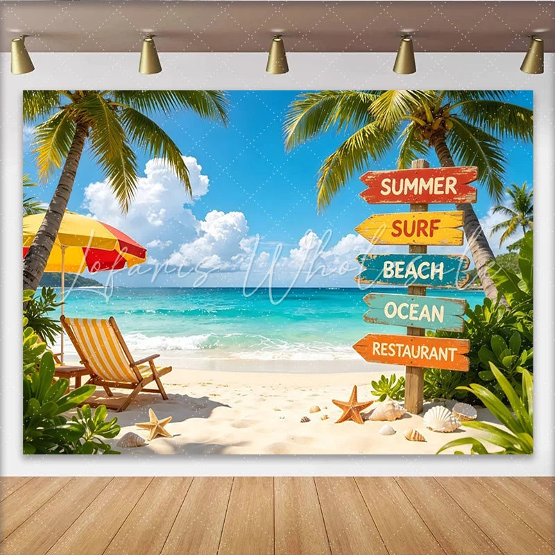 Lofaris Tropical Summer Beach Photography Backdrop with Palm Trees and Ocean Vibrant Vacation Party Background for Photoshoot