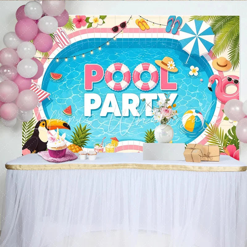 Lofaris Tropical Summer Pool Party Backdrop with Flamingo and Palm Leaves Vibrant Photo Background for Beach Themed Celebration