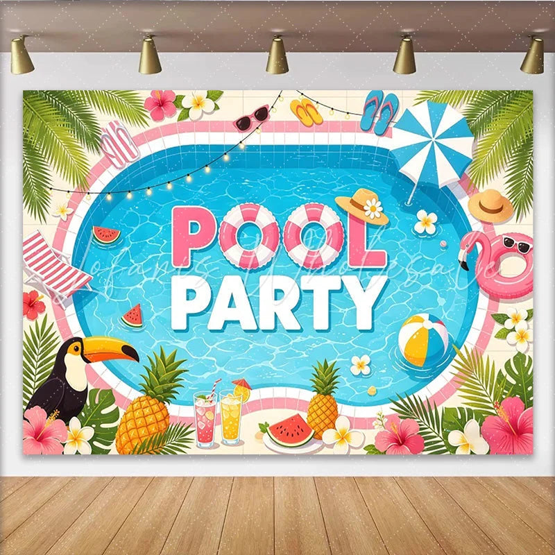 Lofaris Tropical Summer Pool Party Backdrop with Flamingo and Palm Leaves Vibrant Photo Background for Beach Themed Celebration