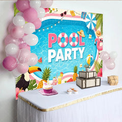 Lofaris Tropical Summer Pool Party Backdrop with Flamingo and Palm Leaves Vibrant Photo Background for Beach Themed Celebration