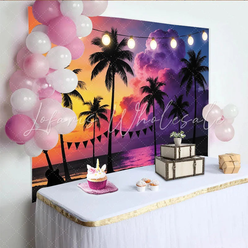 Lofaris Tropical Sunset Beach Photography Backdrop with Palm Trees Colorful Party Background for Summer Vacation Decor