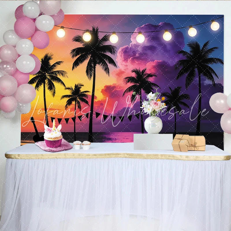 Lofaris Tropical Sunset Beach Photography Backdrop with Palm Trees Colorful Party Background for Summer Vacation Decor