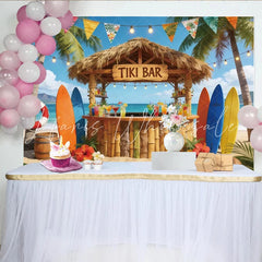 Lofaris Tropical Tiki Bar Photography Backdrop with Palm Trees and Surfboards Colorful Cocktails Party Decor for Photoshoot