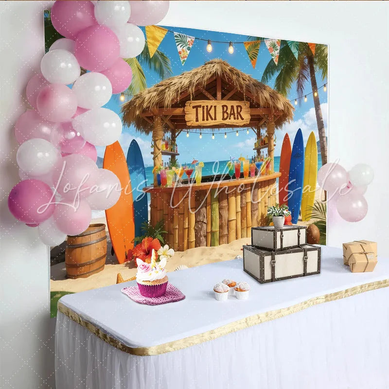 Lofaris Tropical Tiki Bar Photography Backdrop with Palm Trees and Surfboards Colorful Cocktails Party Decor for Photoshoot