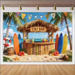Lofaris Tropical Tiki Bar Photography Backdrop with Palm Trees and Surfboards Colorful Cocktails Party Decor for Photoshoot
