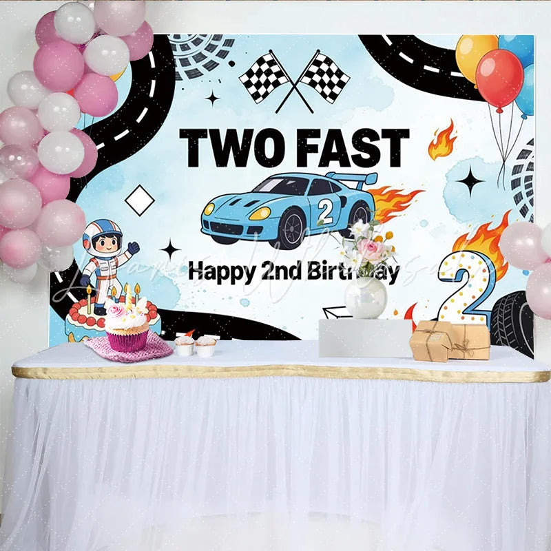 Lofaris’ Two Fast Racing Car 2nd Birthday Backdrop Blue Race Track Theme for Kids Boy Party Decoration and Photo Booth Props