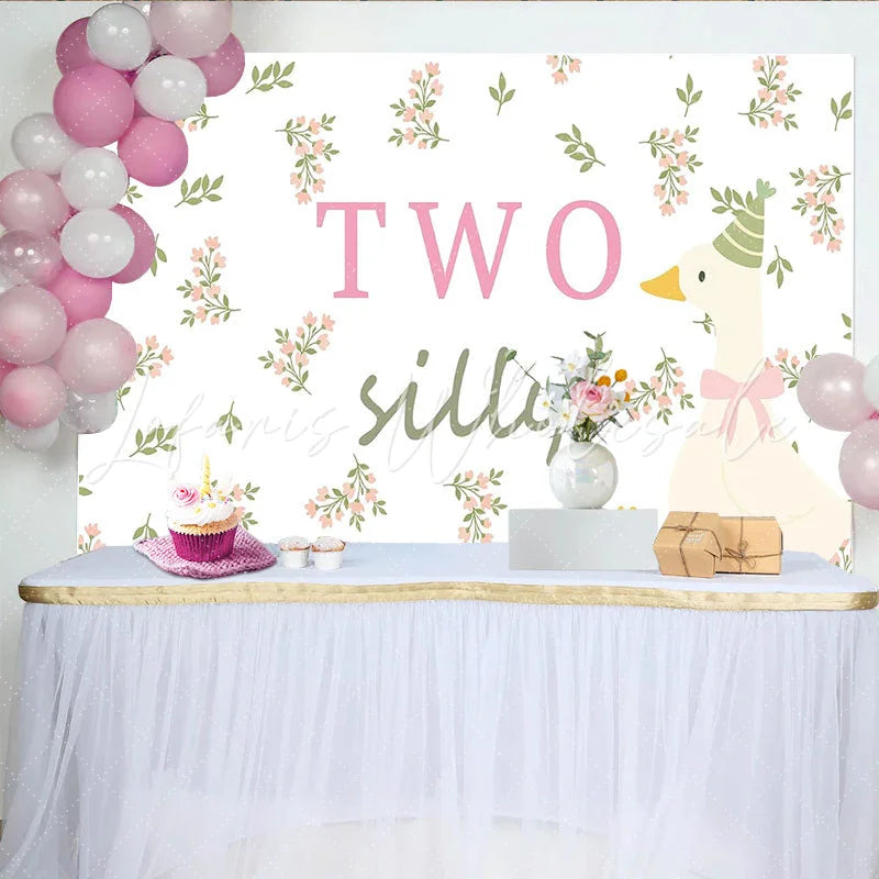 Lofaris Two Silly Goose 2nd Birthday Animal Backdrop with Pink Flowers Charming Party Decor Background for Baby Girl Photoshoot