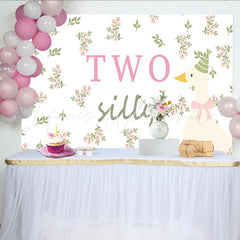 Lofaris Two Silly Goose 2nd Birthday Animal Backdrop with Pink Flowers Charming Party Decor Background for Baby Girl Photoshoot