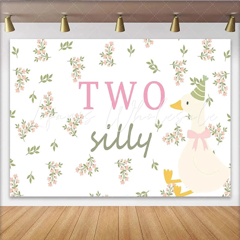 Lofaris Two Silly Goose 2nd Birthday Animal Backdrop with Pink Flowers Charming Party Decor Background for Baby Girl Photoshoot