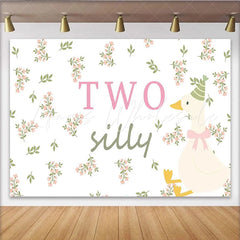 Lofaris Two Silly Goose 2nd Birthday Animal Backdrop with Pink Flowers Charming Party Decor Background for Baby Girl Photoshoot