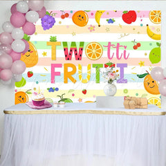 Lofaris Two-tti Frutti Birthday Backdrop with Cute Cartoon Fruits Pastel Striped Photo Background for Kids 2nd Birthday Party