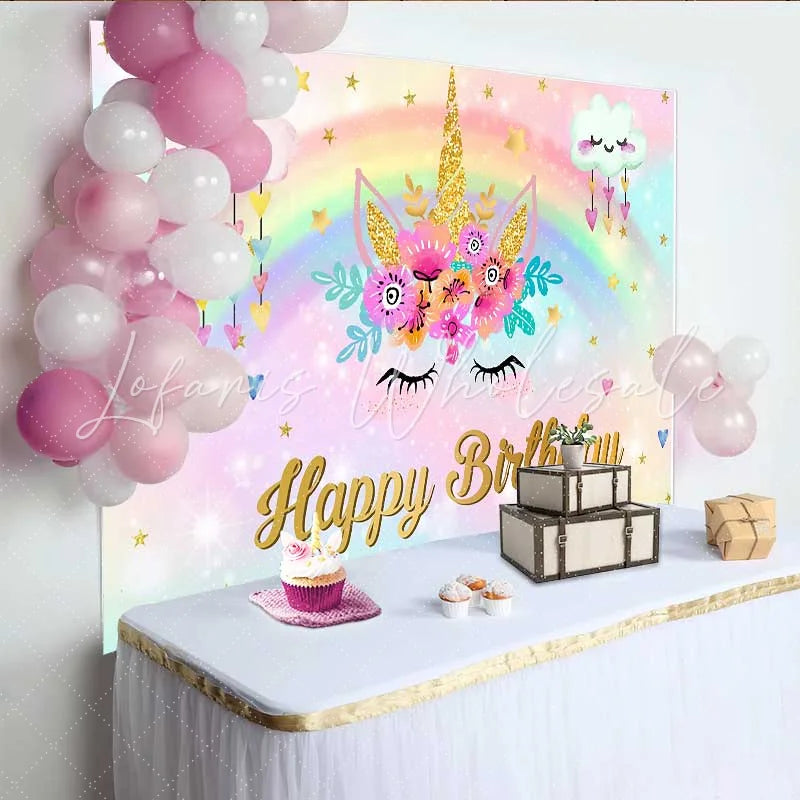 Lofaris Unicorn Face Floral Backdrop Raining Heart Clouds and Gold Horn Birthday Banner