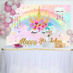 Lofaris Unicorn Face Floral Backdrop Raining Heart Clouds and Gold Horn Birthday Banner