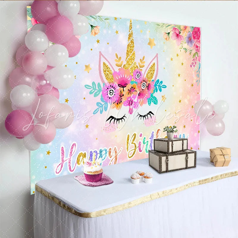 Lofaris Unicorn Happy Birthday Backdrop Pastel Rainbow Glitter Floral Gold Star Party Background for Girls