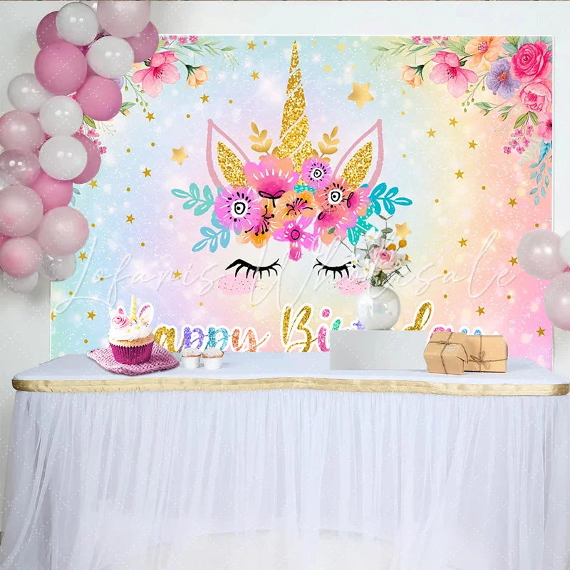 Lofaris Unicorn Happy Birthday Backdrop Pastel Rainbow Glitter Floral Gold Star Party Background for Girls