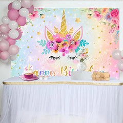 Lofaris Unicorn Happy Birthday Backdrop Pastel Rainbow Glitter Floral Gold Star Party Background for Girls
