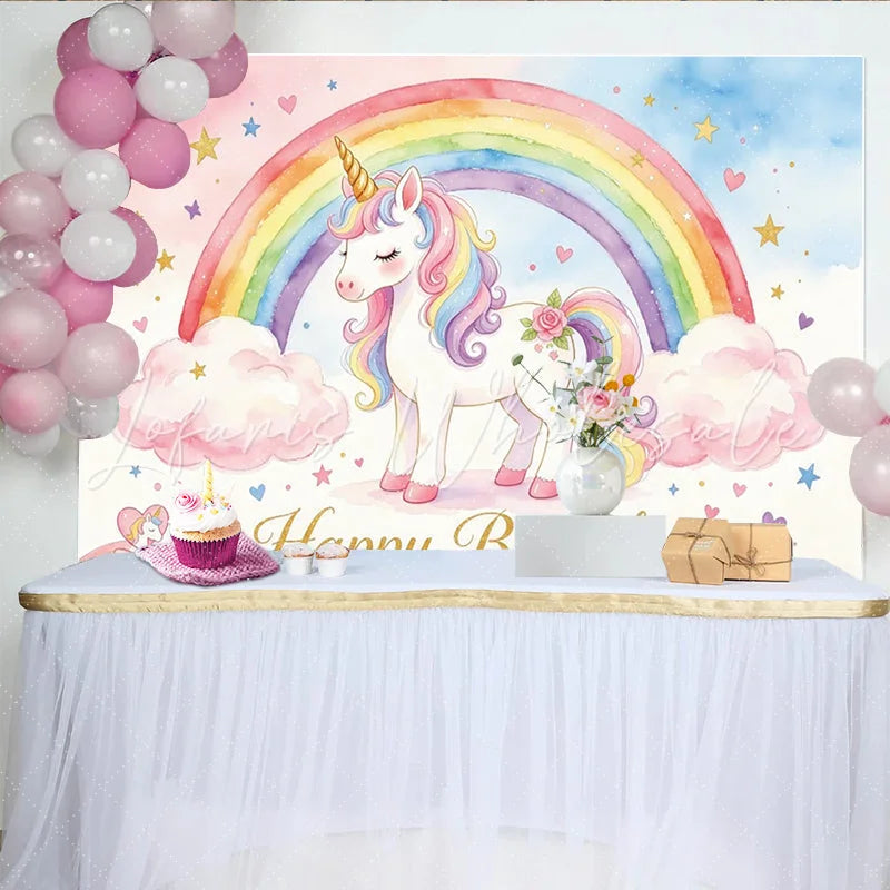 Lofaris Unicorn Rainbow Birthday Backdrop for Girls Magical Happy Birthday Party Background with Stars and Clouds