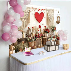 Lofaris Valentine’s Day Backdrop Boho Macrame Red Heart Rustic Wood Wall Decoration