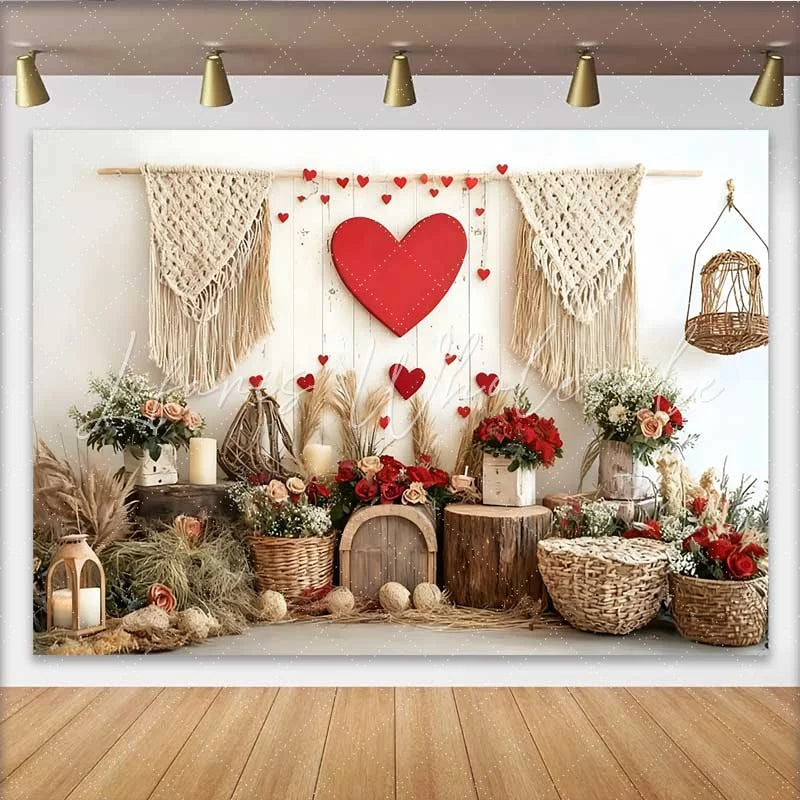 Lofaris Valentine’s Day Backdrop Boho Macrame Red Heart Rustic Wood Wall Decoration