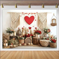 Lofaris Valentine’s Day Backdrop Boho Macrame Red Heart Rustic Wood Wall Decoration