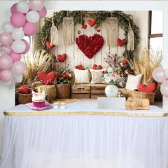 Lofaris Valentine’s Day Backdrop Boho Rustic Barn Hay Bales Floral Heart Macrame Prop