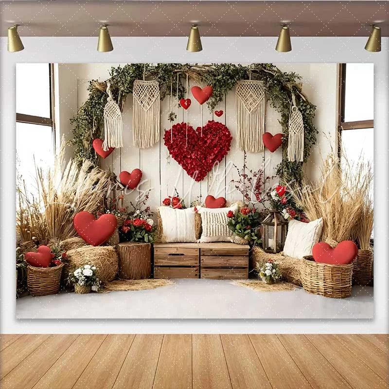 Lofaris Valentine’s Day Backdrop Boho Rustic Barn Hay Bales Floral Heart Macrame Prop